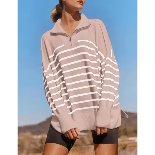 imageZESICA Womens Striped Sweaters Half Zipper Long Sleeve Ribbed Knit Loose Oversized Fall Pullover Sweater TopsPink