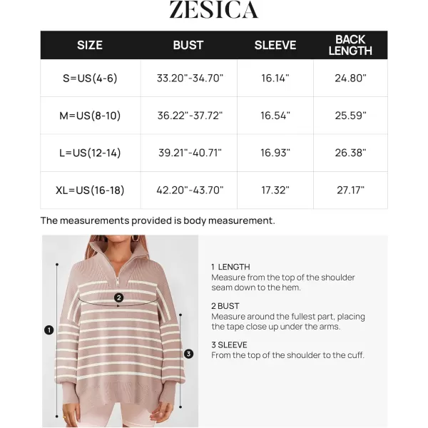 imageZESICA Womens Striped Sweaters Half Zipper Long Sleeve Ribbed Knit Loose Oversized Fall Pullover Sweater TopsPink