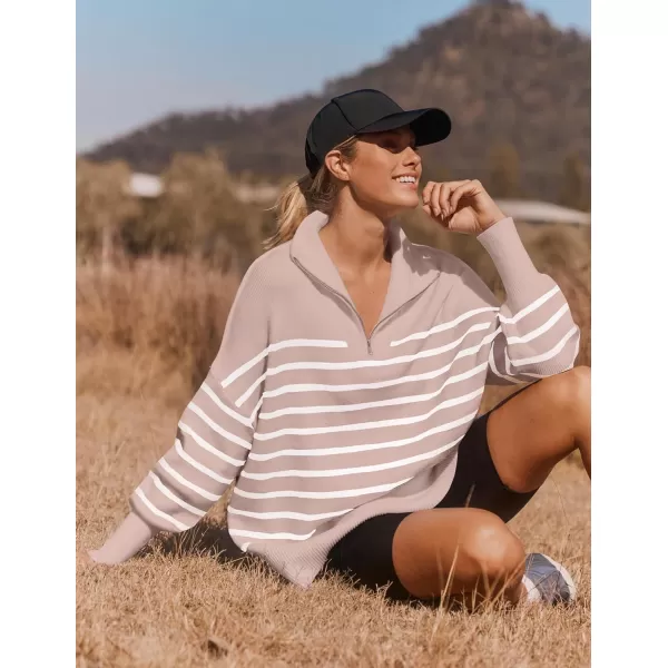 imageZESICA Womens Striped Sweaters Half Zipper Long Sleeve Ribbed Knit Loose Oversized Fall Pullover Sweater TopsPink