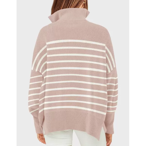 imageZESICA Womens Striped Sweaters Half Zipper Long Sleeve Ribbed Knit Loose Oversized Fall Pullover Sweater TopsPink