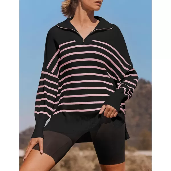 imageZESICA Womens Striped Sweaters Half Zipper Long Sleeve Ribbed Knit Loose Oversized Fall Pullover Sweater TopsPinkblack