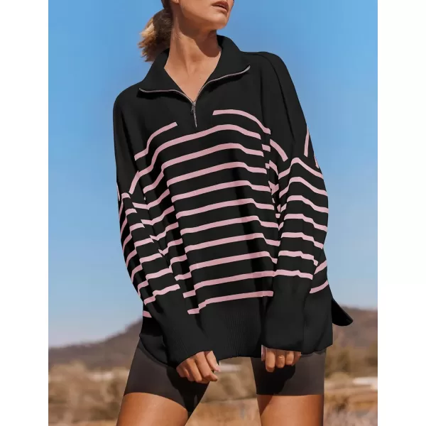 imageZESICA Womens Striped Sweaters Half Zipper Long Sleeve Ribbed Knit Loose Oversized Fall Pullover Sweater TopsPinkblack