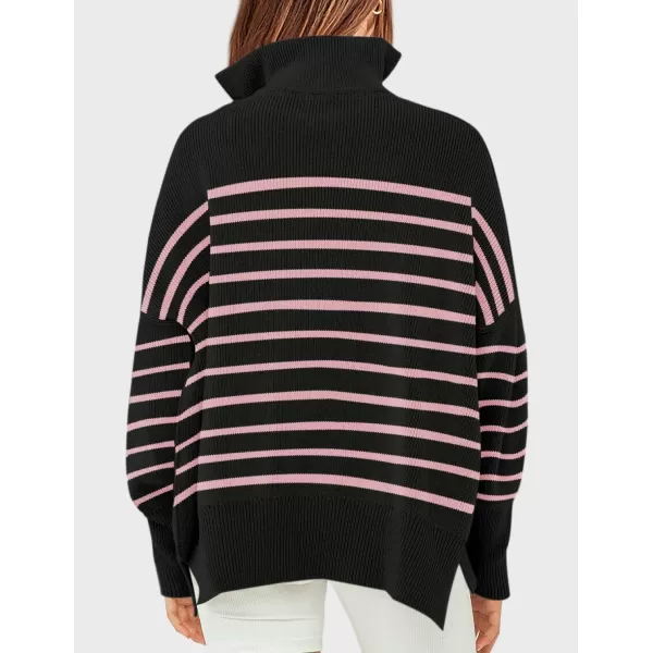 imageZESICA Womens Striped Sweaters Half Zipper Long Sleeve Ribbed Knit Loose Oversized Fall Pullover Sweater TopsPinkblack