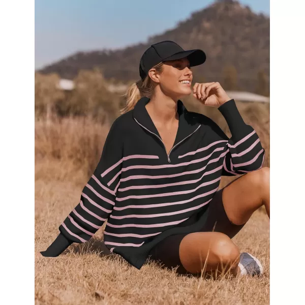 imageZESICA Womens Striped Sweaters Half Zipper Long Sleeve Ribbed Knit Loose Oversized Fall Pullover Sweater TopsPinkblack