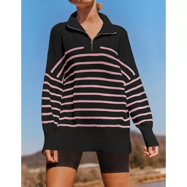 imageZESICA Womens Striped Sweaters Half Zipper Long Sleeve Ribbed Knit Loose Oversized Fall Pullover Sweater TopsPinkblack