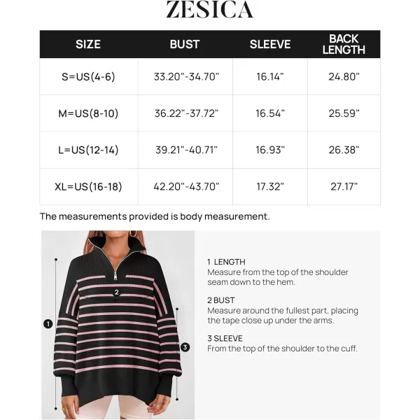 imageZESICA Womens Striped Sweaters Half Zipper Long Sleeve Ribbed Knit Loose Oversized Fall Pullover Sweater TopsPinkblack
