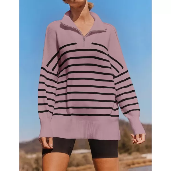 imageZESICA Womens Striped Sweaters Half Zipper Long Sleeve Ribbed Knit Loose Oversized Fall Pullover Sweater TopsPurple