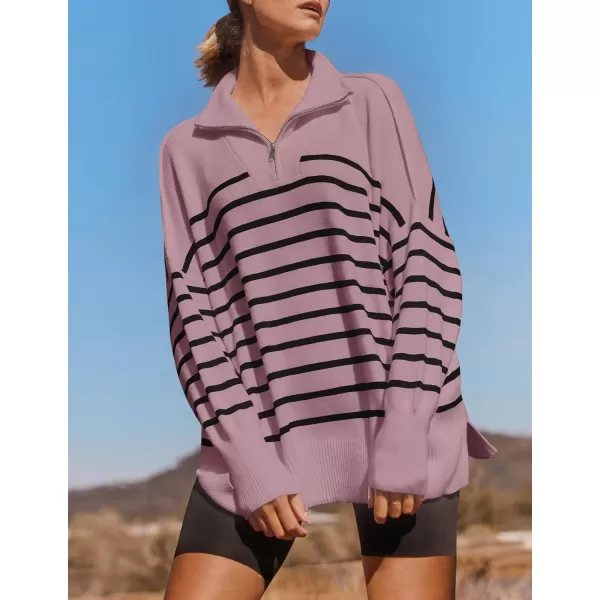 imageZESICA Womens Striped Sweaters Half Zipper Long Sleeve Ribbed Knit Loose Oversized Fall Pullover Sweater TopsPurple