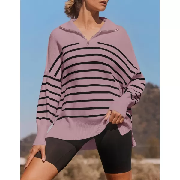 imageZESICA Womens Striped Sweaters Half Zipper Long Sleeve Ribbed Knit Loose Oversized Fall Pullover Sweater TopsPurple