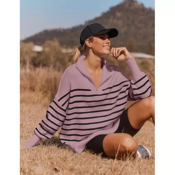 imageZESICA Womens Striped Sweaters Half Zipper Long Sleeve Ribbed Knit Loose Oversized Fall Pullover Sweater TopsPurple