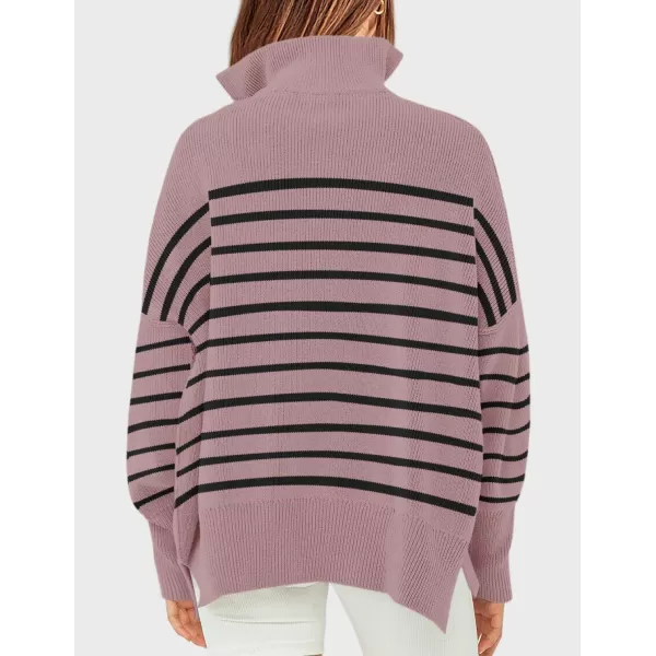 imageZESICA Womens Striped Sweaters Half Zipper Long Sleeve Ribbed Knit Loose Oversized Fall Pullover Sweater TopsPurple