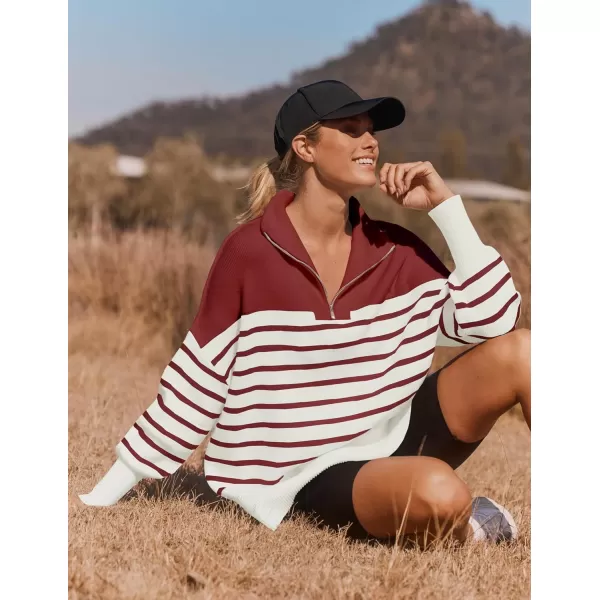 imageZESICA Womens Striped Sweaters Half Zipper Long Sleeve Ribbed Knit Loose Oversized Fall Pullover Sweater TopsRed