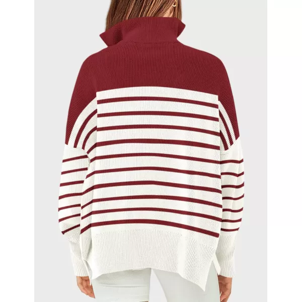 imageZESICA Womens Striped Sweaters Half Zipper Long Sleeve Ribbed Knit Loose Oversized Fall Pullover Sweater TopsRed