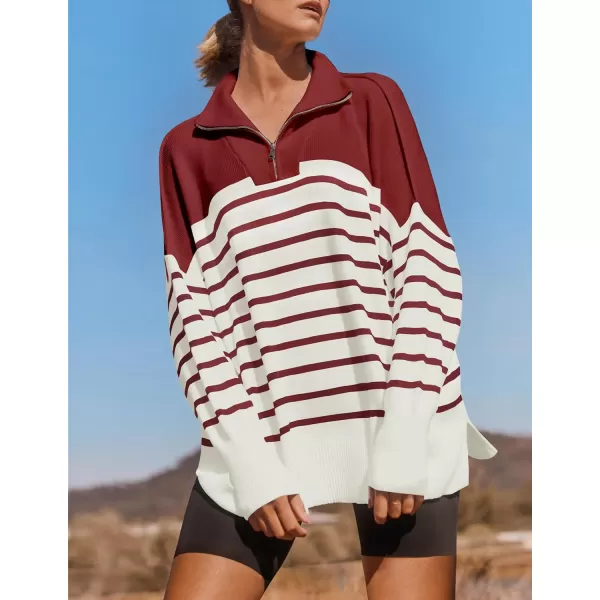 imageZESICA Womens Striped Sweaters Half Zipper Long Sleeve Ribbed Knit Loose Oversized Fall Pullover Sweater TopsRed