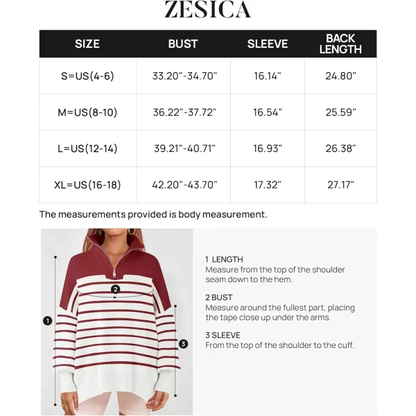 imageZESICA Womens Striped Sweaters Half Zipper Long Sleeve Ribbed Knit Loose Oversized Fall Pullover Sweater TopsRed