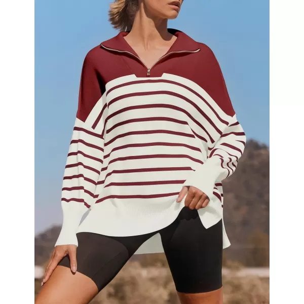 imageZESICA Womens Striped Sweaters Half Zipper Long Sleeve Ribbed Knit Loose Oversized Fall Pullover Sweater TopsRed