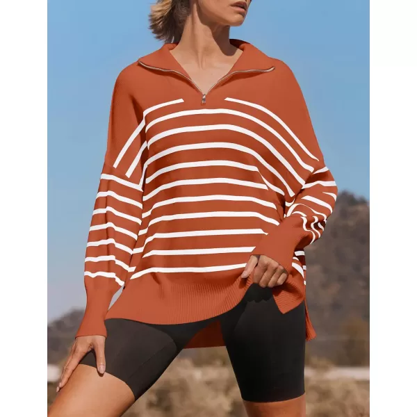 imageZESICA Womens Striped Sweaters Half Zipper Long Sleeve Ribbed Knit Loose Oversized Fall Pullover Sweater TopsRust