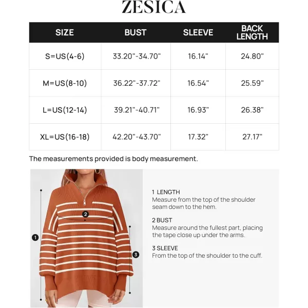 imageZESICA Womens Striped Sweaters Half Zipper Long Sleeve Ribbed Knit Loose Oversized Fall Pullover Sweater TopsRust
