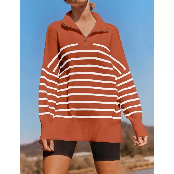 imageZESICA Womens Striped Sweaters Half Zipper Long Sleeve Ribbed Knit Loose Oversized Fall Pullover Sweater TopsRust