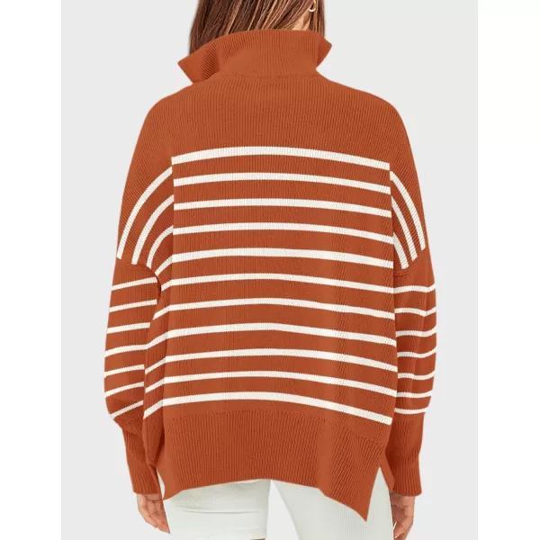 imageZESICA Womens Striped Sweaters Half Zipper Long Sleeve Ribbed Knit Loose Oversized Fall Pullover Sweater TopsRust