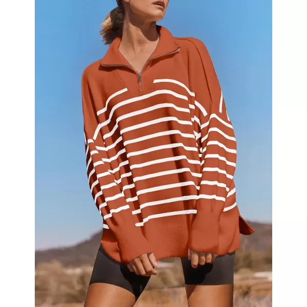 imageZESICA Womens Striped Sweaters Half Zipper Long Sleeve Ribbed Knit Loose Oversized Fall Pullover Sweater TopsRust