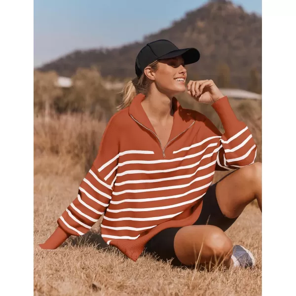 imageZESICA Womens Striped Sweaters Half Zipper Long Sleeve Ribbed Knit Loose Oversized Fall Pullover Sweater TopsRust