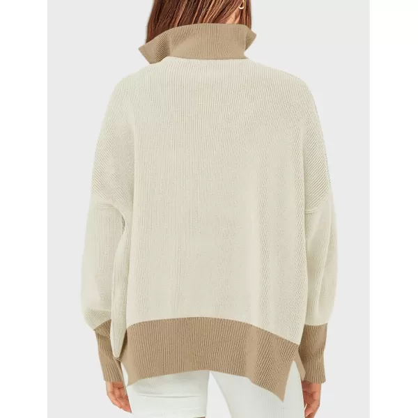 imageZESICA Womens Striped Sweaters Half Zipper Long Sleeve Ribbed Knit Loose Oversized Fall Pullover Sweater TopsSand