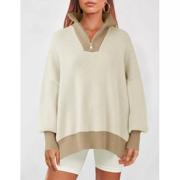 imageZESICA Womens Striped Sweaters Half Zipper Long Sleeve Ribbed Knit Loose Oversized Fall Pullover Sweater TopsSand