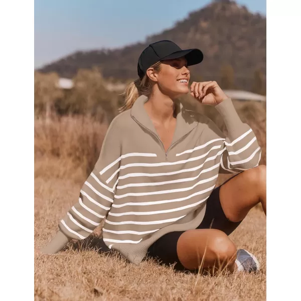 imageZESICA Womens Striped Sweaters Half Zipper Long Sleeve Ribbed Knit Loose Oversized Fall Pullover Sweater TopsToffee