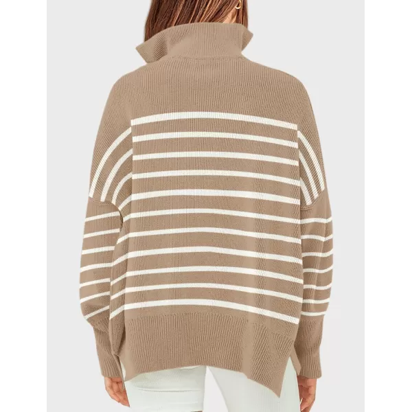 imageZESICA Womens Striped Sweaters Half Zipper Long Sleeve Ribbed Knit Loose Oversized Fall Pullover Sweater TopsToffee