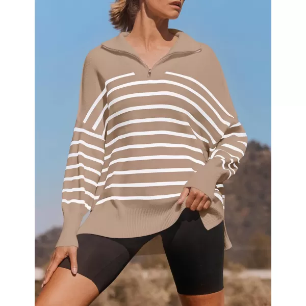 imageZESICA Womens Striped Sweaters Half Zipper Long Sleeve Ribbed Knit Loose Oversized Fall Pullover Sweater TopsToffee