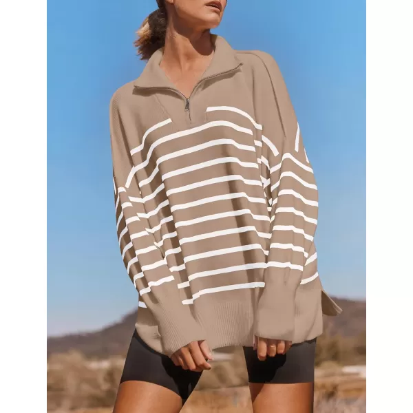 imageZESICA Womens Striped Sweaters Half Zipper Long Sleeve Ribbed Knit Loose Oversized Fall Pullover Sweater TopsToffee