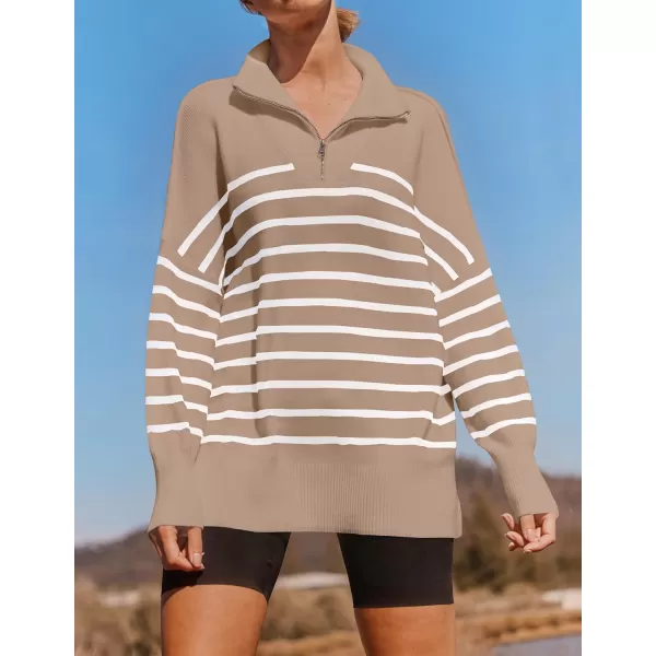 imageZESICA Womens Striped Sweaters Half Zipper Long Sleeve Ribbed Knit Loose Oversized Fall Pullover Sweater TopsToffee