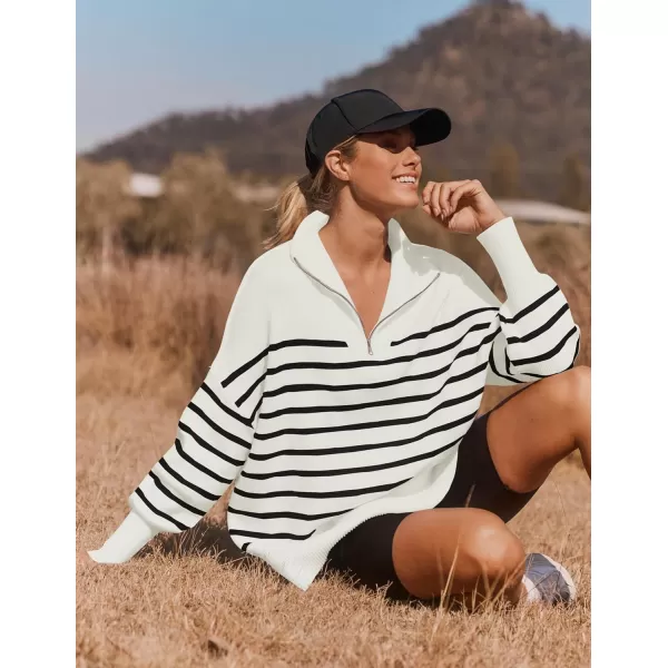 imageZESICA Womens Striped Sweaters Half Zipper Long Sleeve Ribbed Knit Loose Oversized Fall Pullover Sweater TopsWhite