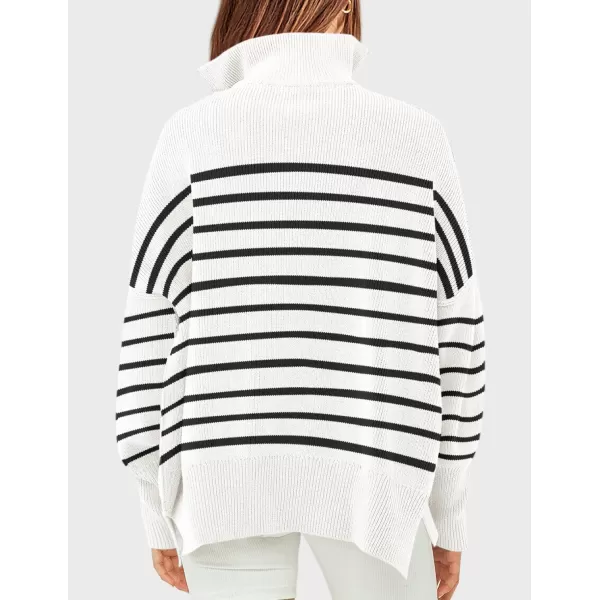 imageZESICA Womens Striped Sweaters Half Zipper Long Sleeve Ribbed Knit Loose Oversized Fall Pullover Sweater TopsWhite