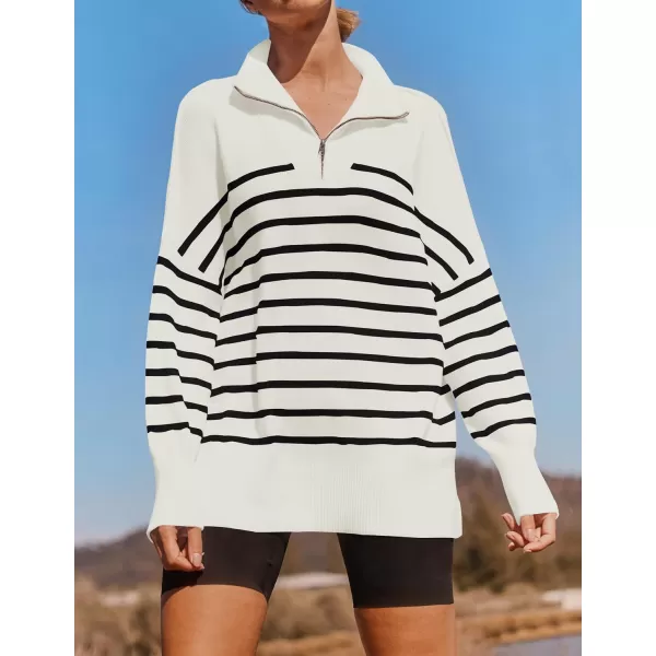 imageZESICA Womens Striped Sweaters Half Zipper Long Sleeve Ribbed Knit Loose Oversized Fall Pullover Sweater TopsWhite