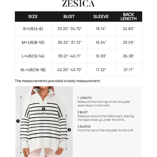 imageZESICA Womens Striped Sweaters Half Zipper Long Sleeve Ribbed Knit Loose Oversized Fall Pullover Sweater TopsWhite