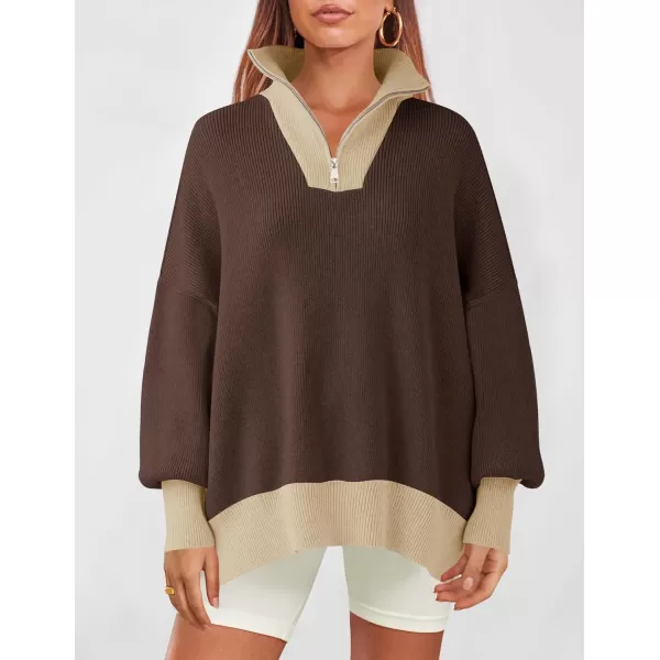 imageZESICA Womens Striped Sweaters Half Zipper Long Sleeve Ribbed Knit Loose Oversized Pullover Sweater TopsCoffee