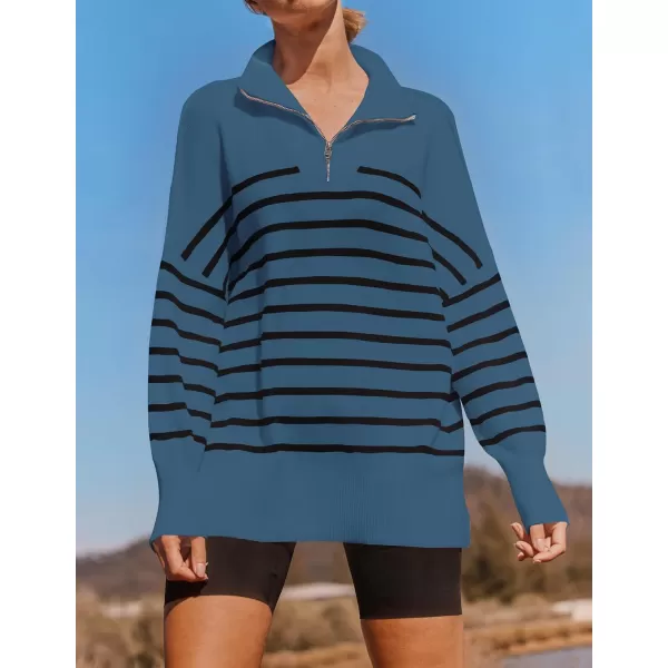 imageZESICA Womens Striped Sweaters Half Zipper Long Sleeve Ribbed Knit Loose Oversized Pullover Sweater TopsDustyblue