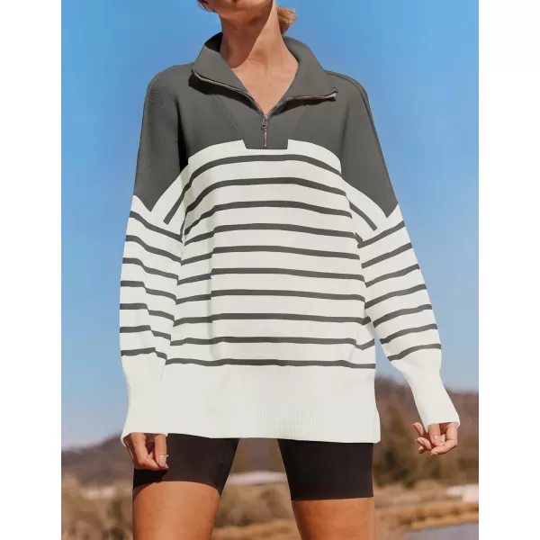 imageZESICA Womens Striped Sweaters Half Zipper Long Sleeve Ribbed Knit Loose Oversized Pullover Sweater TopsGrey
