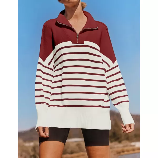 imageZESICA Womens Striped Sweaters Half Zipper Long Sleeve Ribbed Knit Loose Oversized Pullover Sweater TopsRed