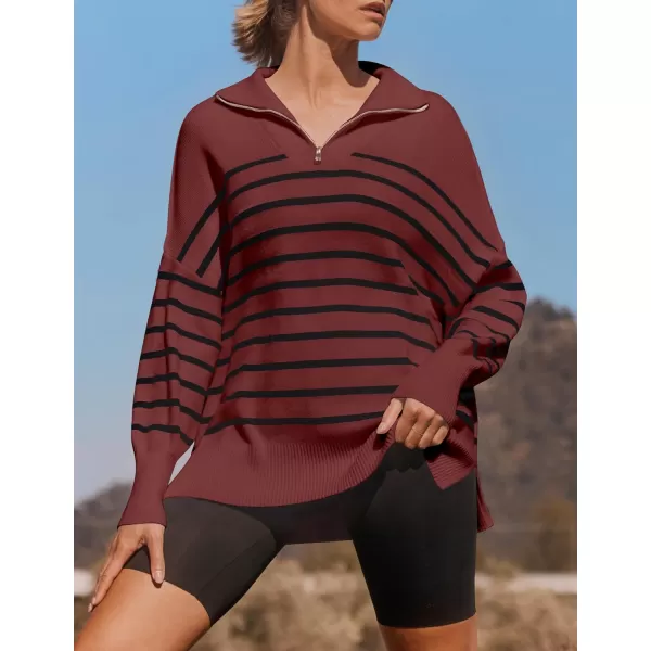 imageZESICA Womens Striped Sweaters Half Zipper Long Sleeve Ribbed Knit Loose Oversized Pullover Sweater TopsWine