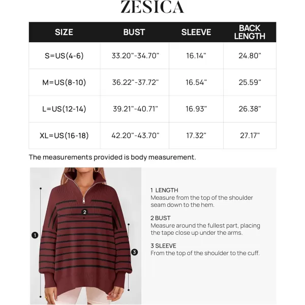 imageZESICA Womens Striped Sweaters Half Zipper Long Sleeve Ribbed Knit Loose Oversized Pullover Sweater TopsWine