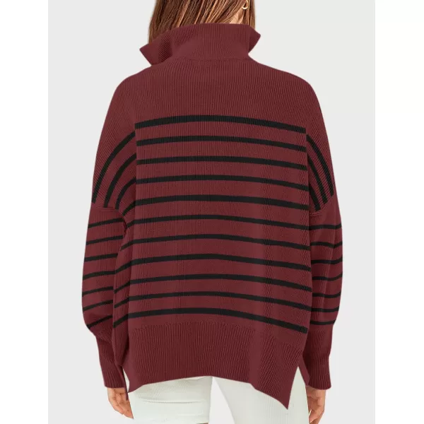 imageZESICA Womens Striped Sweaters Half Zipper Long Sleeve Ribbed Knit Loose Oversized Pullover Sweater TopsWine