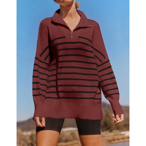imageZESICA Womens Striped Sweaters Half Zipper Long Sleeve Ribbed Knit Loose Oversized Pullover Sweater TopsWine