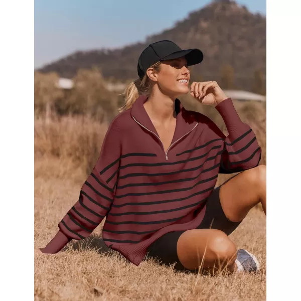 imageZESICA Womens Striped Sweaters Half Zipper Long Sleeve Ribbed Knit Loose Oversized Pullover Sweater TopsWine