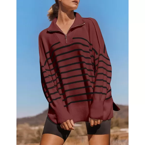 imageZESICA Womens Striped Sweaters Half Zipper Long Sleeve Ribbed Knit Loose Oversized Pullover Sweater TopsWine