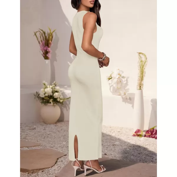 imageZESICA Womens Summer Bodycon Midi Dress 2024 Sleeveless Square Neck Slim Fit Back Slit Sundress Long Tank DressesApricot