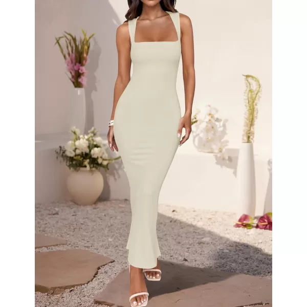 imageZESICA Womens Summer Bodycon Midi Dress 2024 Sleeveless Square Neck Slim Fit Back Slit Sundress Long Tank DressesApricot