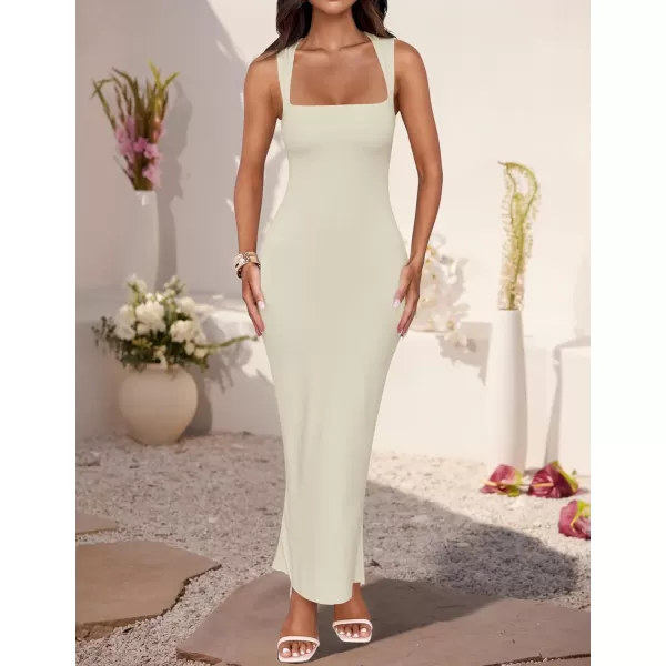 imageZESICA Womens Summer Bodycon Midi Dress 2024 Sleeveless Square Neck Slim Fit Back Slit Sundress Long Tank DressesApricot